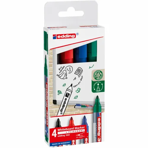 Set 4 markere Edding 360 pentru tabla, varf 1.5-3 mm, negru, rosu, albastru, verde