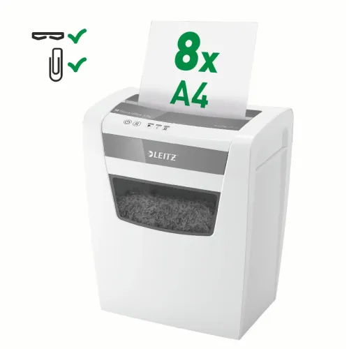Distrugator documente manual Leitz IQ Home Office, P4, micro-cut (particule), 8 coli, cos 15l, silentios, alb-gri