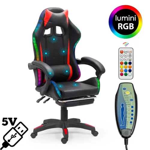Scaun de gaming negru din piele ecologică cu lumini RGB și funcție de masaj OFF 303